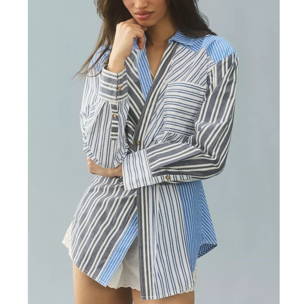 Anthropologie Pilcro Reworked Mixed Stripe Buttondown Shirt 100% Cotton Blue S